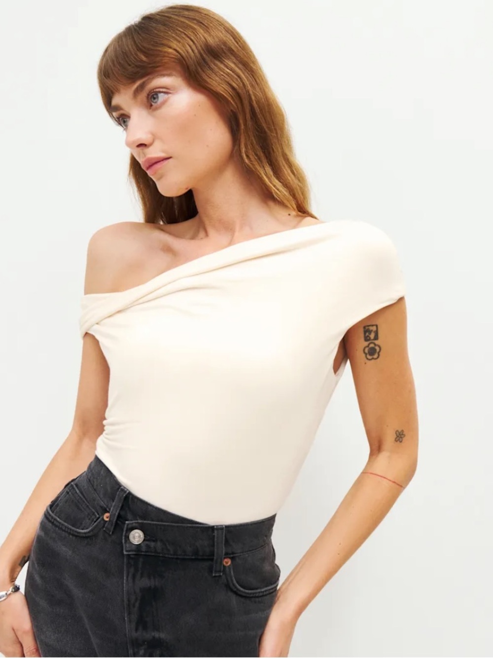 Reformation Off-Shoulder Cello Knit Top — Cream
